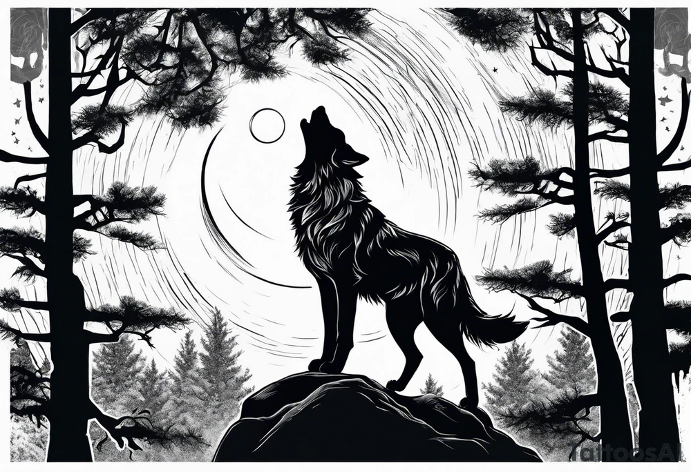 Wolf on top of a rock howling at the full moon, surrounded by trees tattoo idea