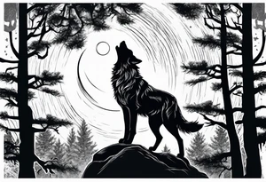 Wolf on top of a rock howling at the full moon, surrounded by trees tattoo idea