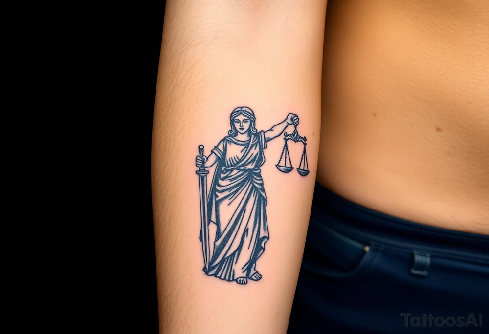 Lady Justice tattoo, holding sword at her side, roman robe, cape, powerful, with blindfold tattoo idea