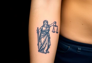 Lady Justice tattoo, holding sword at her side, roman robe, cape, powerful, with blindfold tattoo idea