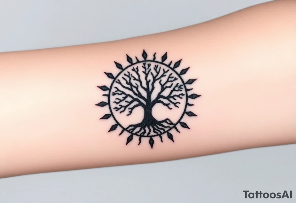 Tree inside of a spiral sun tattoo idea
