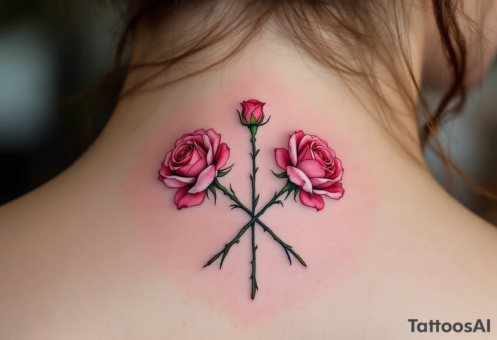 Two crossed rose stems with pink blossoms, placed symmetrically, representing unity or connection. tattoo idea