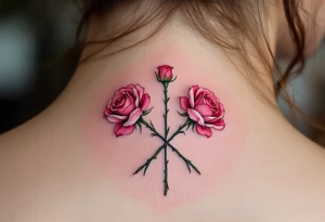 Two crossed rose stems with pink blossoms, placed symmetrically, representing unity or connection. tattoo idea
