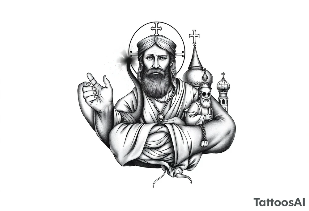 russian orthodox christian left arm tattoo with jesus & orthodox st basils setting tattoo idea