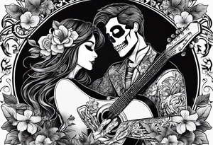 a female and male skeleton in love. The female has hibisucs flowers and the male is playing the guitar tattoo idea