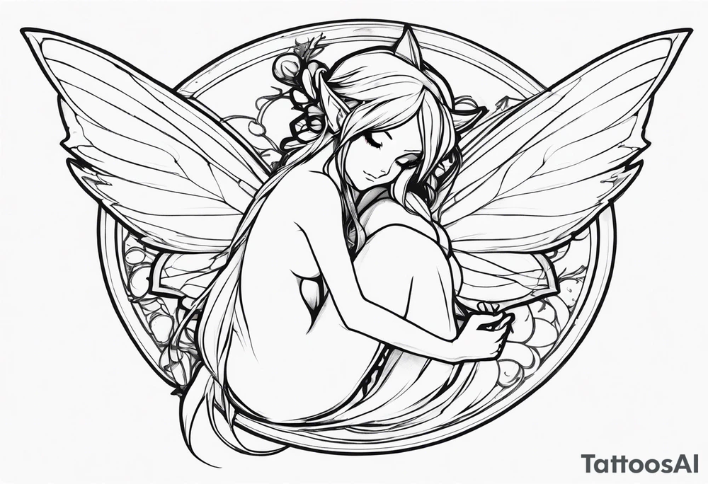 No color sketch of a fairy with a tail inspired by the guild symbol in the anime show called Fairy Tail in a fetal position leaning in and forward while crawled in hugging herself floating with hands a bit forward and her body is an angle tattoo idea