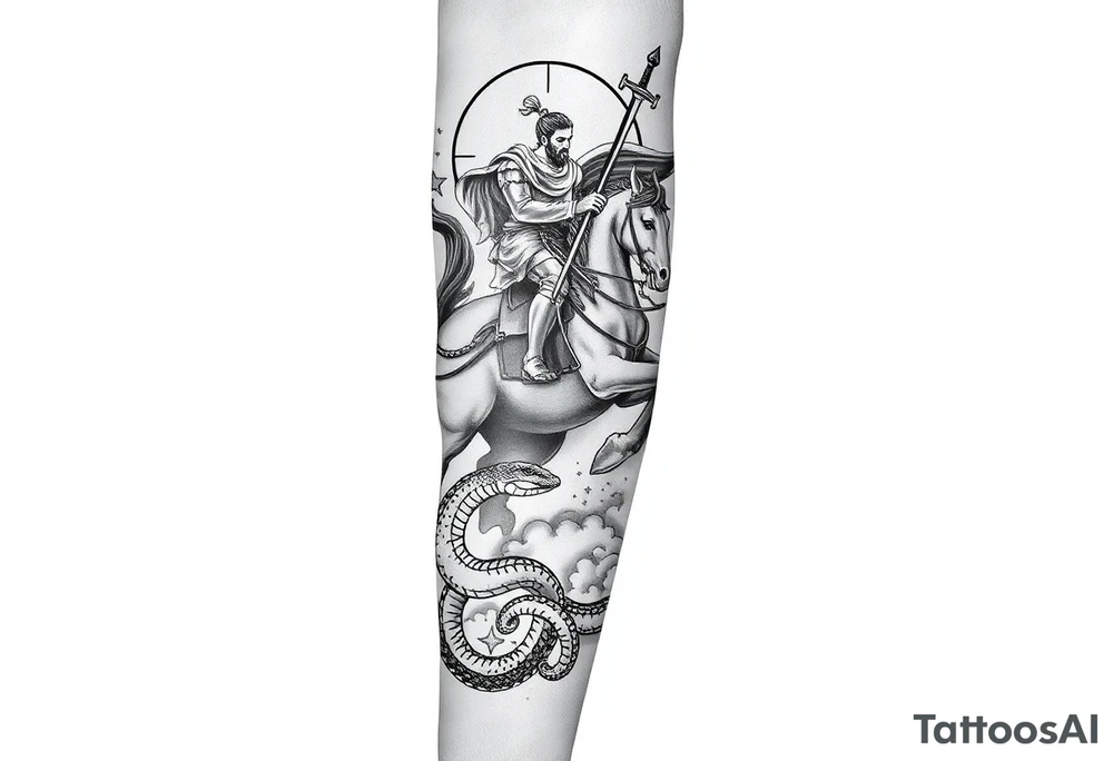 Make me full leg sleeve with St. George ridding a horse and snake wrapped around the leg with the sword going through its neck with back round clouds tattoo idea