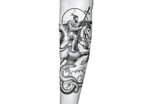 Make me full leg sleeve with St. George ridding a horse and snake wrapped around the leg with the sword going through its neck with back round clouds tattoo idea