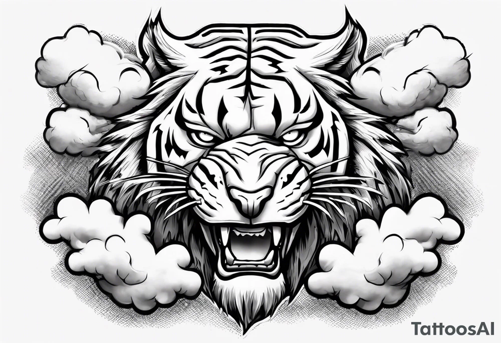 A thunder god tiger forearm tattoo, with lightning and clouds filling the area tattoo idea