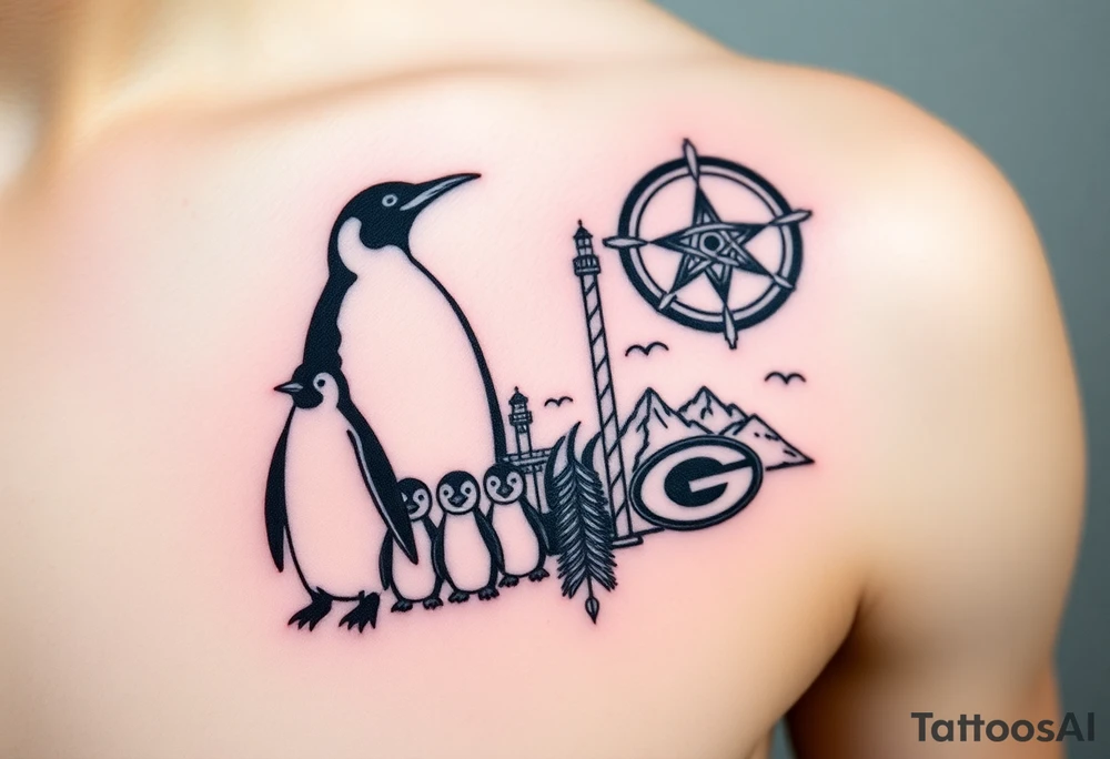 compilation outlining important things in my life such as one adult emperor penguin and 3 baby penguins, celtic trinity knot, lighthouse, mountains/nature, the green bay packers, and something to represent my 3 boys tattoo idea