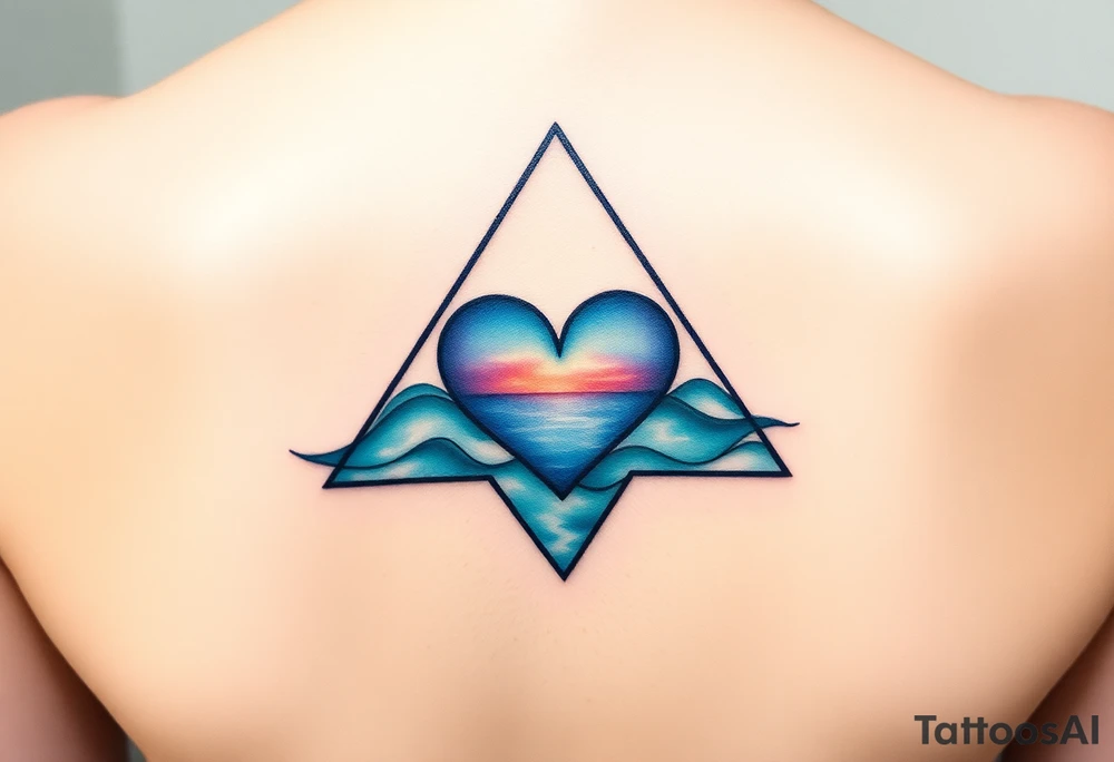 A triangle with a big heart in the center with an ocean travel theme tattoo idea