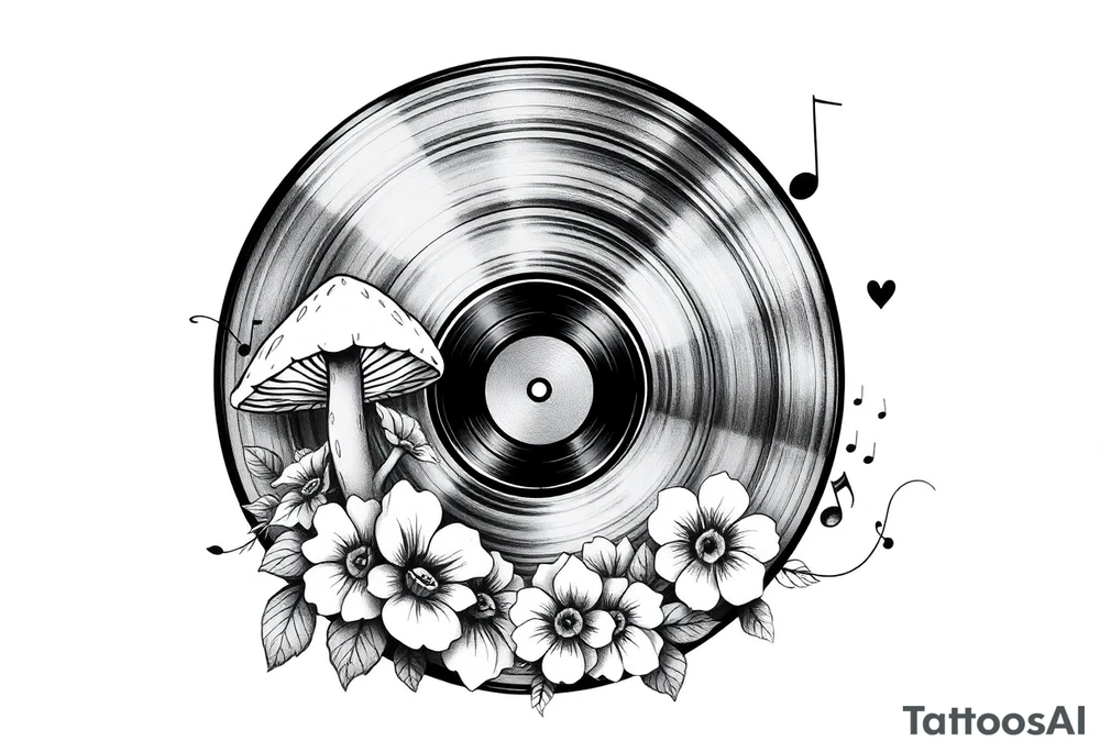 vinyl record with mushrooms, flowers, hearts, and music notes tattoo idea