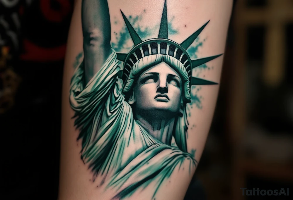 The Statue of Liberty in fine-line detail with a green patina wash, symbolizing hope and freedom. tattoo idea