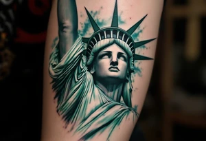 The Statue of Liberty in fine-line detail with a green patina wash, symbolizing hope and freedom. tattoo idea