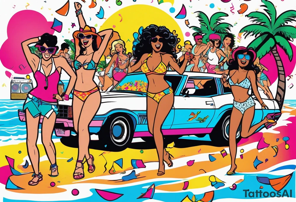 1980's miami vice style beach dance 
party, include confetti, music notes, boom box, bikinis tattoo idea