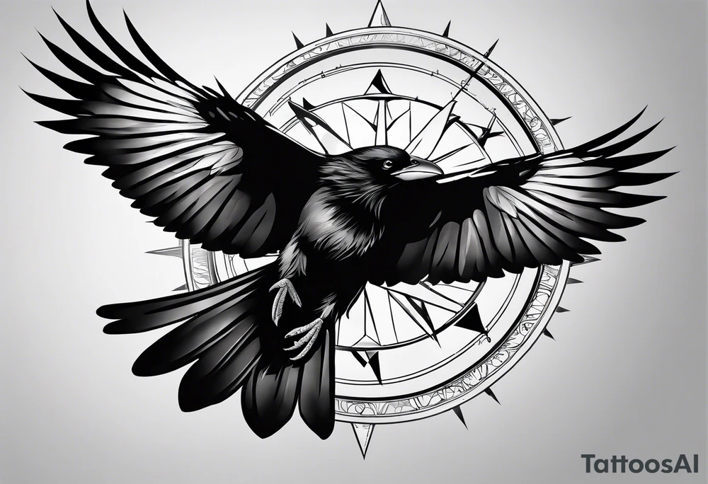 flying crow with compass tattoo idea