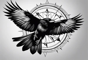 flying crow with compass tattoo idea