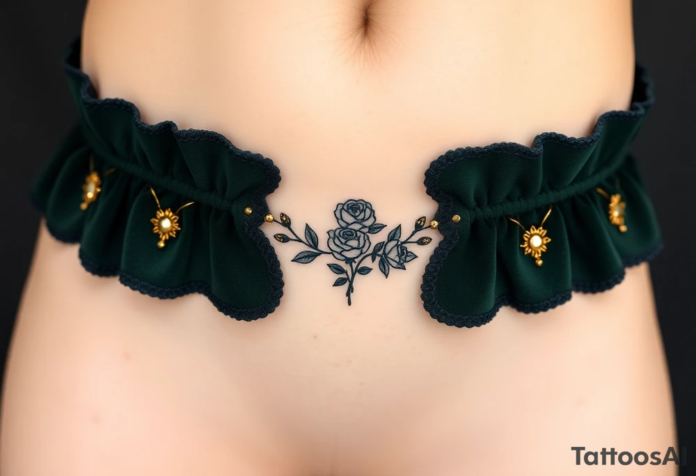 garter tattoo with dark forest green velvet, with baroque-inspired gold accents and tiny intricate roses tattoo idea