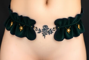 garter tattoo with dark forest green velvet, with baroque-inspired gold accents and tiny intricate roses tattoo idea