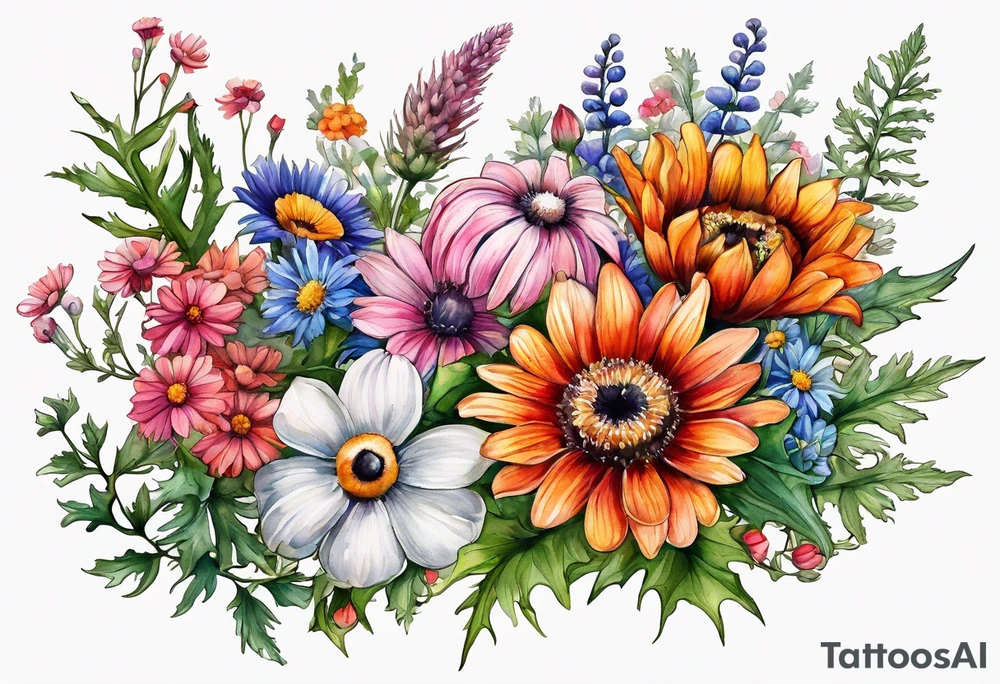 wildflowers cascading with thistles, ferns, white anemones, sun flowers, orange flowers, pink flowers, red flowers, babys breath and daisies all in watercolor tattoo idea