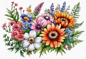 wildflowers cascading with thistles, ferns, white anemones, sun flowers, orange flowers, pink flowers, red flowers, babys breath and daisies all in watercolor tattoo idea