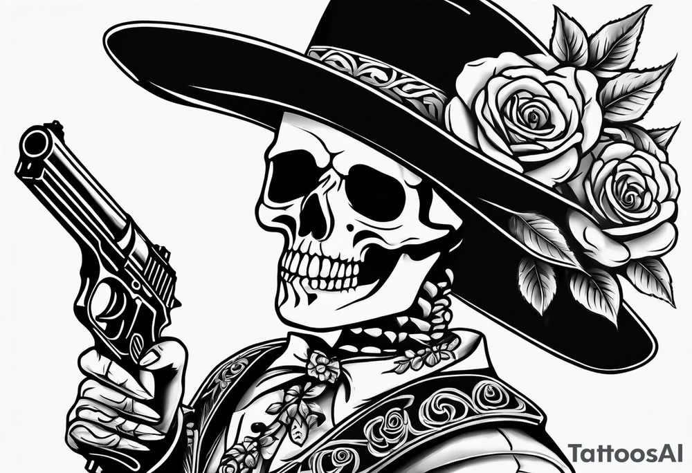 Skeleton charro holding pistols over a rose tattoo idea