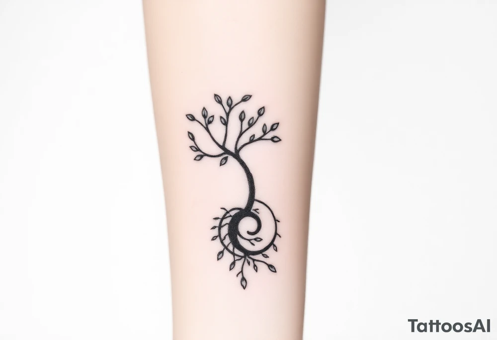 A tree with few leaves, with an outward  spiral as its roots, encircling the tree tattoo idea