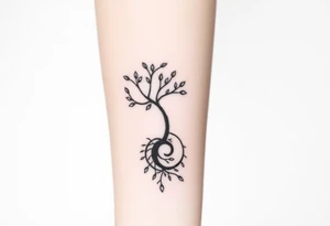 A tree with few leaves, with an outward  spiral as its roots, encircling the tree tattoo idea