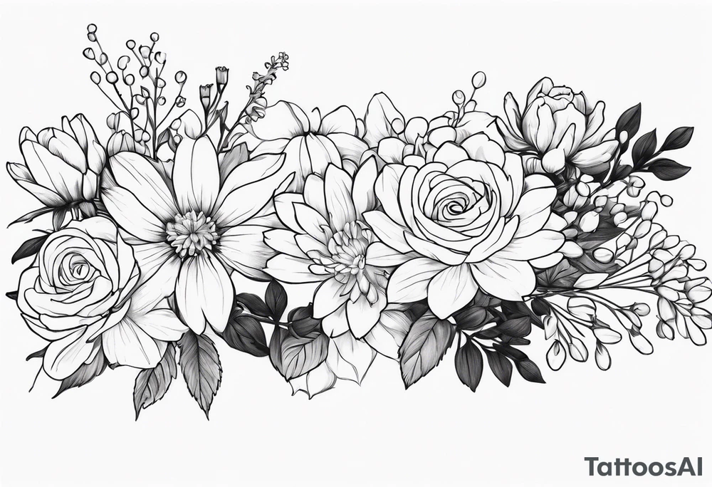 Asters, roses, lily of the valley, and chrysanthemums in a long line tattoo idea