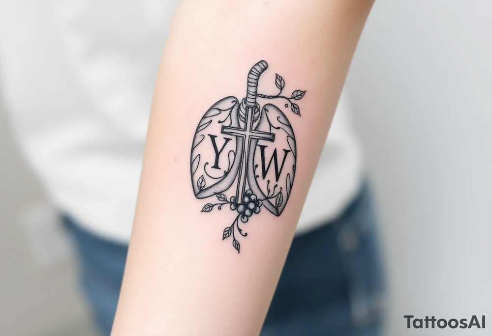 Initials "YH WH" in lungs with cross and grape on vine tattoo idea