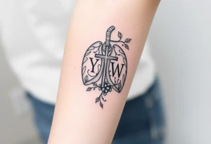 Initials "YH WH" in lungs with cross and grape on vine tattoo idea