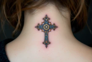Vintage Cross with Clockwork Design – A very tiny vintage bronze cross featuring intricate clock gears in gold and rust, combining faith and time, with some soft shading in the back of a neck. tattoo idea