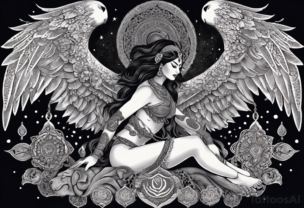 black kali, goddess pirate, alien, angel, pachamama, valkrye, warrior, flying, skull, lotus azul, wing, eagle, zenza resonance, stars, 5D, anahata chakra, death, durga, riding on a tiger, flying lady, kundalini, chest tatoo, samuri, rebel,serpent tattoo idea