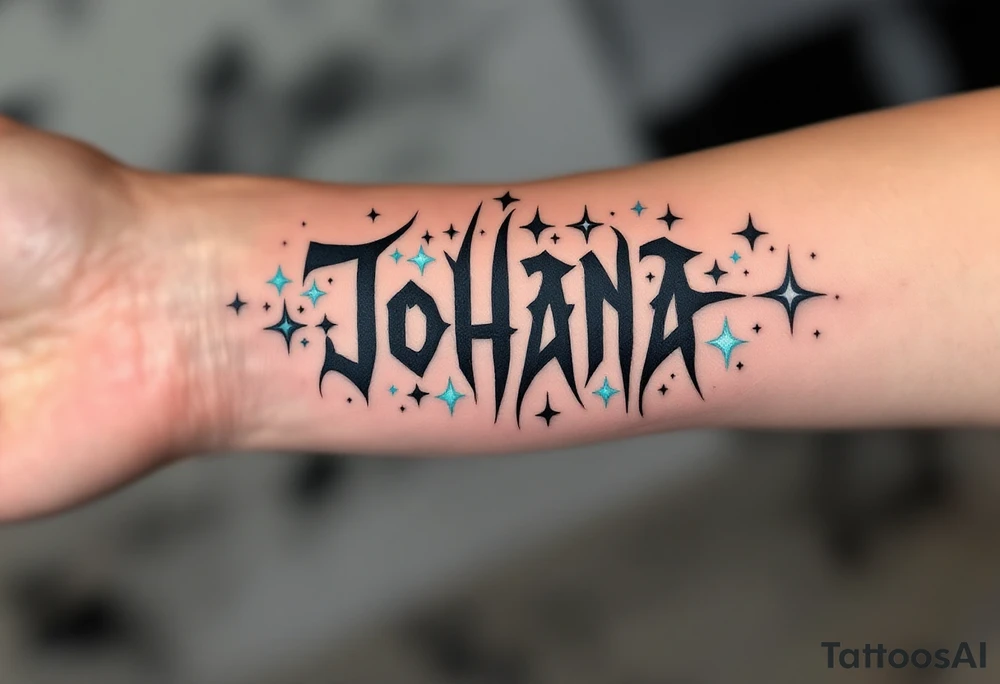 Johana scripted in a whimsical style, accented with whimsical stars in silver and light blue. tattoo idea