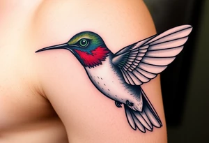 A hummingbird with a single glowing green eye, inspired by the Eye of Horus (only red , blue and black are possible colors) tattoo idea