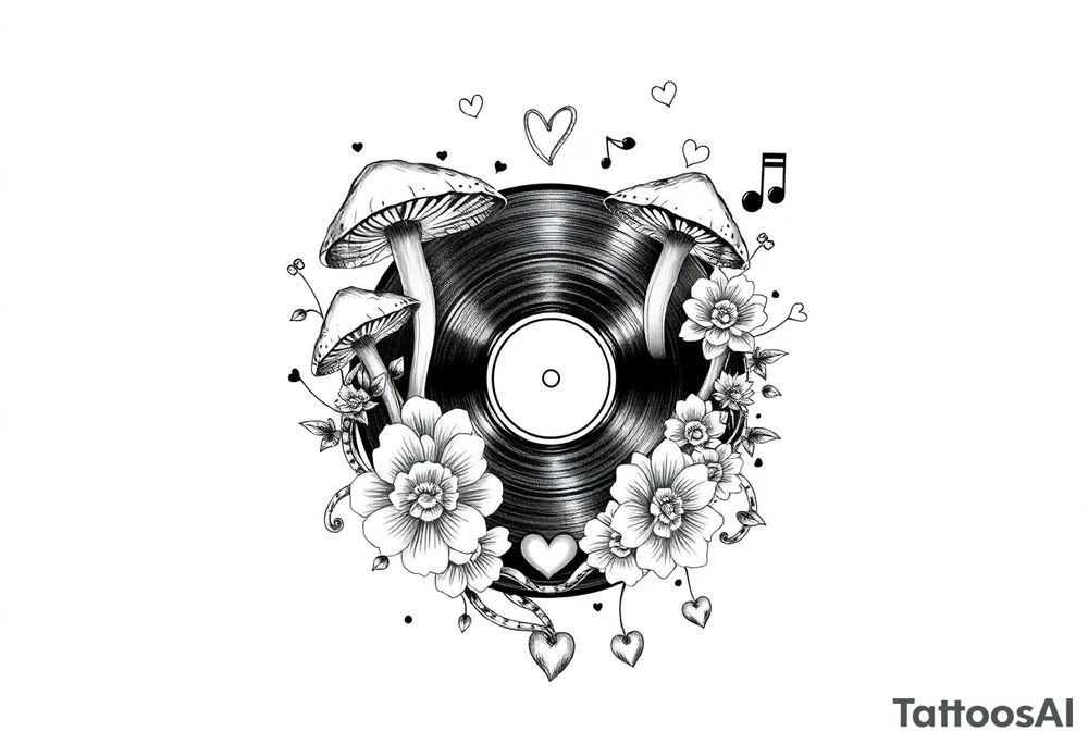 vinyl record with mushrooms, flowers, hearts, and music notes tattoo idea