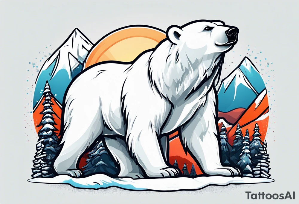 A polar bear standing on two legs holding a snowboard and wearing snow goggles tattoo idea