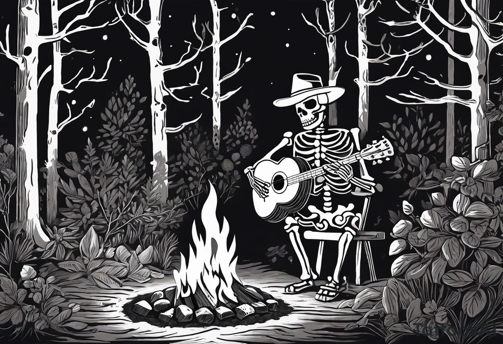 Foreground: The skeleton in a coal miner's hat, animatedly playing the banjo. The light from the campfire illuminates the skeleton and the nearby surroundings, casting intricate shadows.
Midground: The glowing campfire, with flames realistically designed in black and grey shades to emphasize movement and light.
Background: Subtle outlines and shading of rhododendron plants, giving a natural and dense feel to the woods. These can be stylized to blend seamlessly with the style of the tattoo.
Sky: A night sky speckled with stars, adding depth and a sense of time to the scene, with the stars providing a contrast against the dark sky. tattoo idea