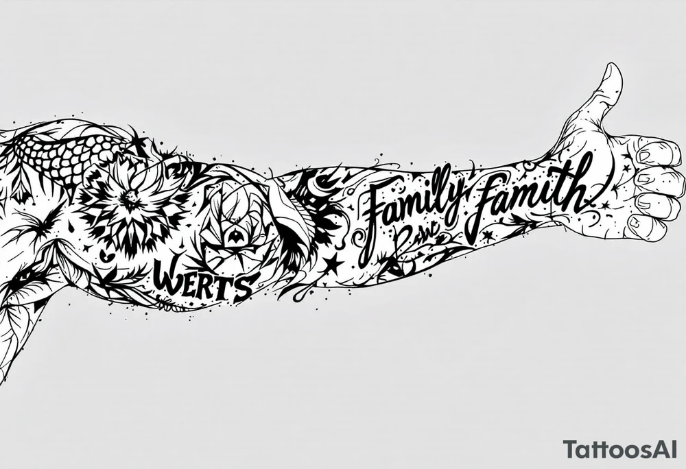 A full sleeve focusing on personal struggle, family, faith, and perseverance tattoo idea