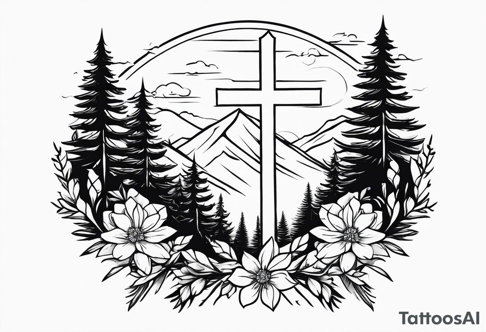 Simple cross tattoo with pine trees and flowers tattoo idea Simple cross tattoo with pine trees and flowers tattoo idea