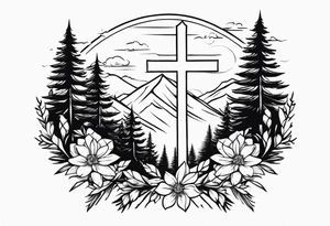 Simple cross tattoo with pine trees and flowers tattoo idea