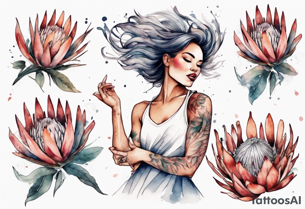 Very feminine tattoo with a woman dancing in a wind of protea flowers tattoo idea