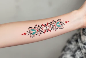 A navaho-inspired geometric band in red, turquoise, black, and white, wrapping around the arm. tattoo idea