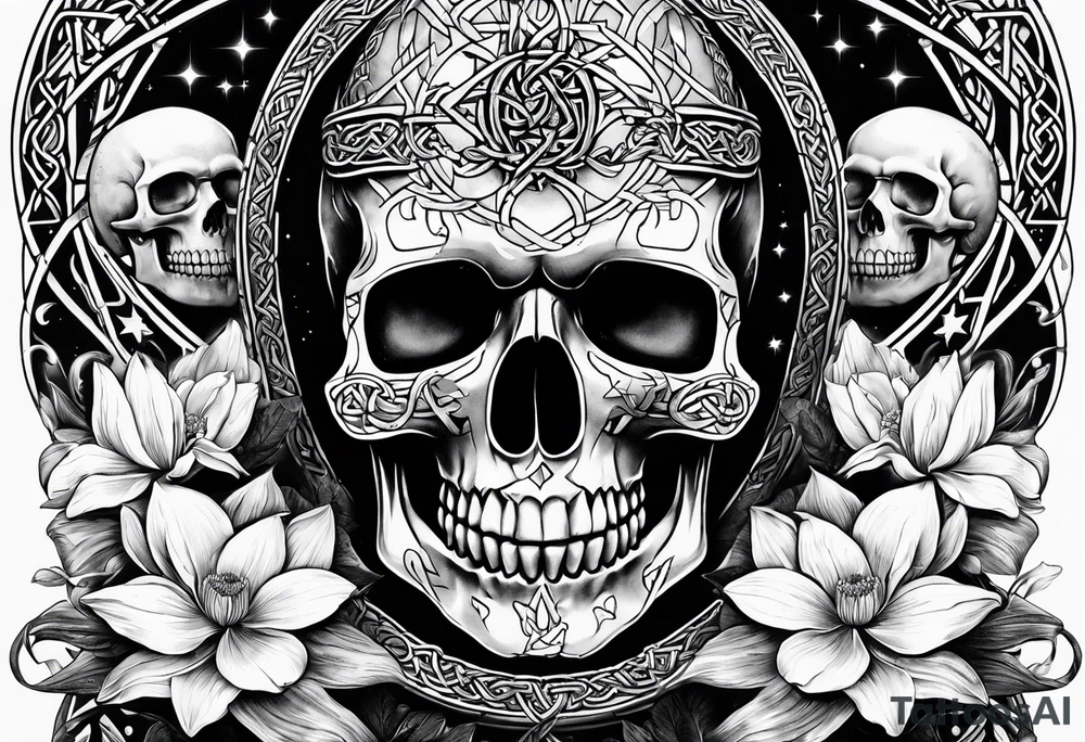 Celtic skull, water lily, daffodil, space and stars, roller coaster track tattoo idea