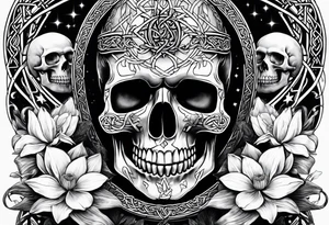 Celtic skull, water lily, daffodil, space and stars, roller coaster track tattoo idea