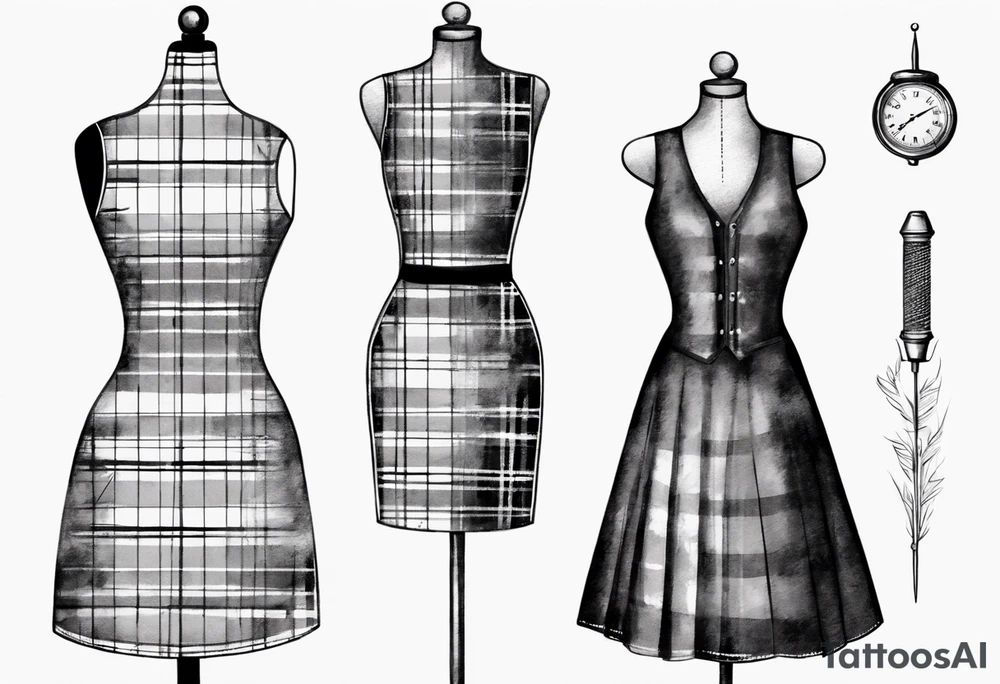 Tailor's mannequin in plaid woman's dress. Nearby a needle tracing two initials, plus a thimble. Dress Is composed by skirt and gilet. tattoo idea