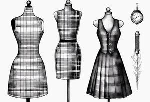 Tailor's mannequin in plaid woman's dress. Nearby a needle tracing two initials, plus a thimble. Dress Is composed by skirt and gilet. tattoo idea