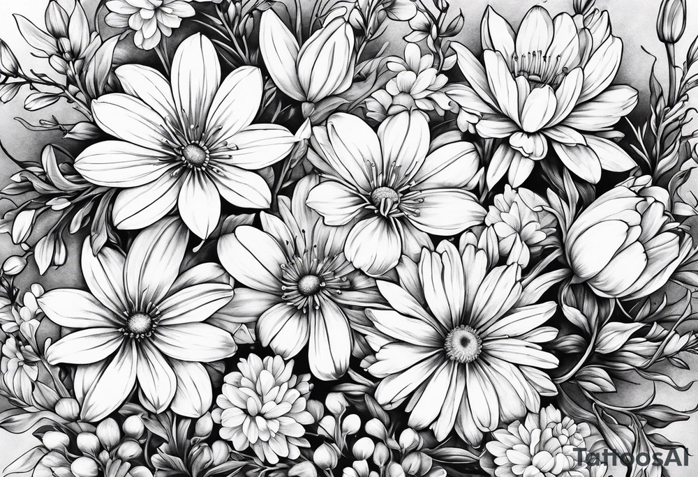 Honeysuckle,3 daisys,cosmos,and snowdrop sleeve tattoo tattoo idea