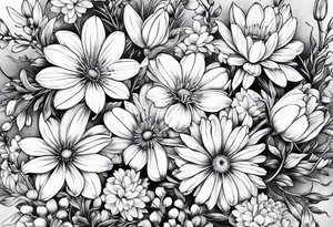 Honeysuckle,3 daisys,cosmos,and snowdrop sleeve tattoo tattoo idea