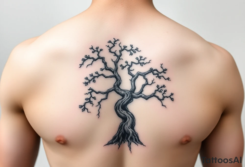 japanese writing with money tree on chest tattoo idea
